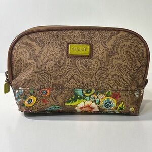 Oilily Brown Paisley Floral Cosmetic Bag Travel Makeup Pouch Zip Case